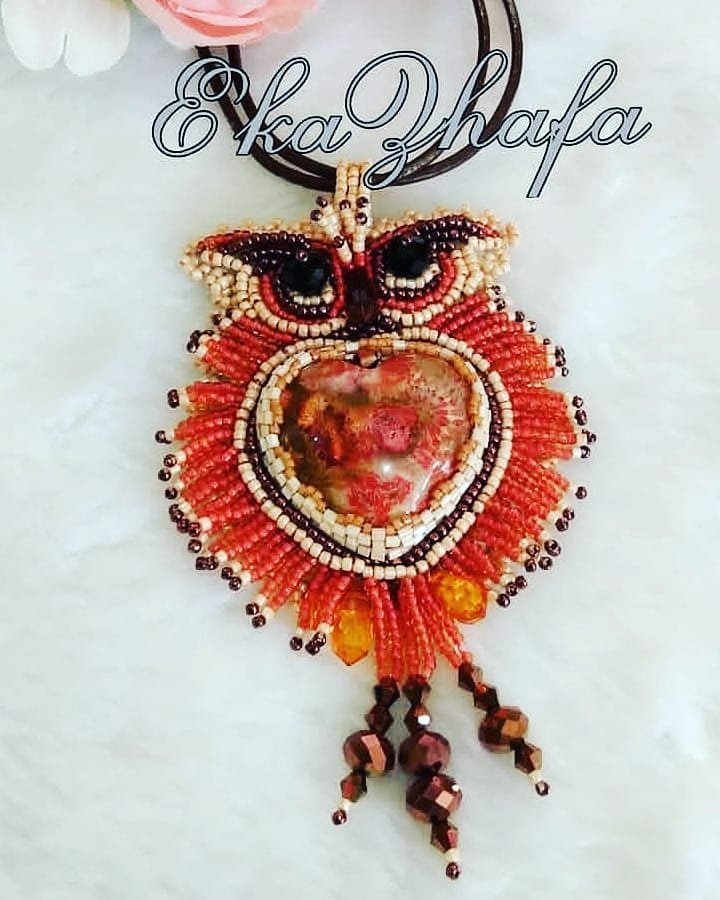 Kalung Sulam Manik Karakter Burung Hantu (Owl) Liontin Batu Hati